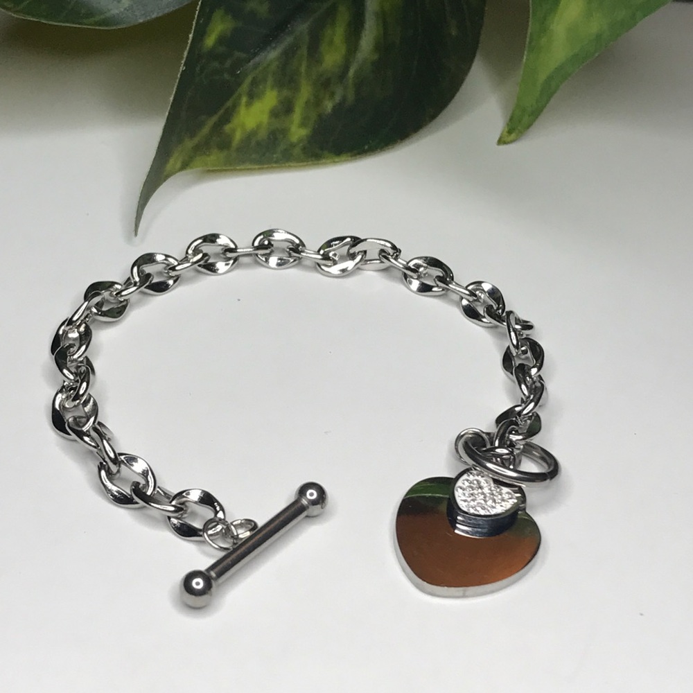 Stainless Steel 18K White Gold Overlay 2 Heart Charm Toggle Bracelet 8" New